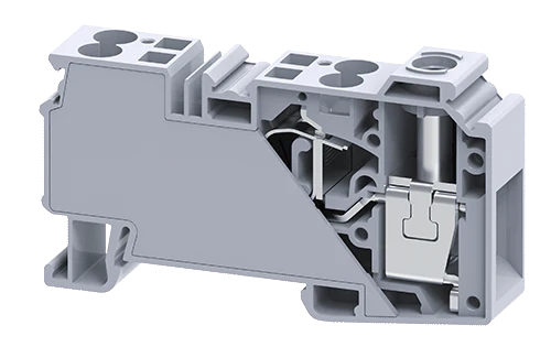 A gray Connectwell CXDB35/10 hybrid terminal block with input and output connections visible.