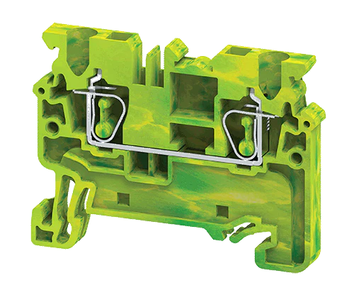 A green Connectwell CXG2.5 spring clamp grounding terminal block designed for electrical installations.