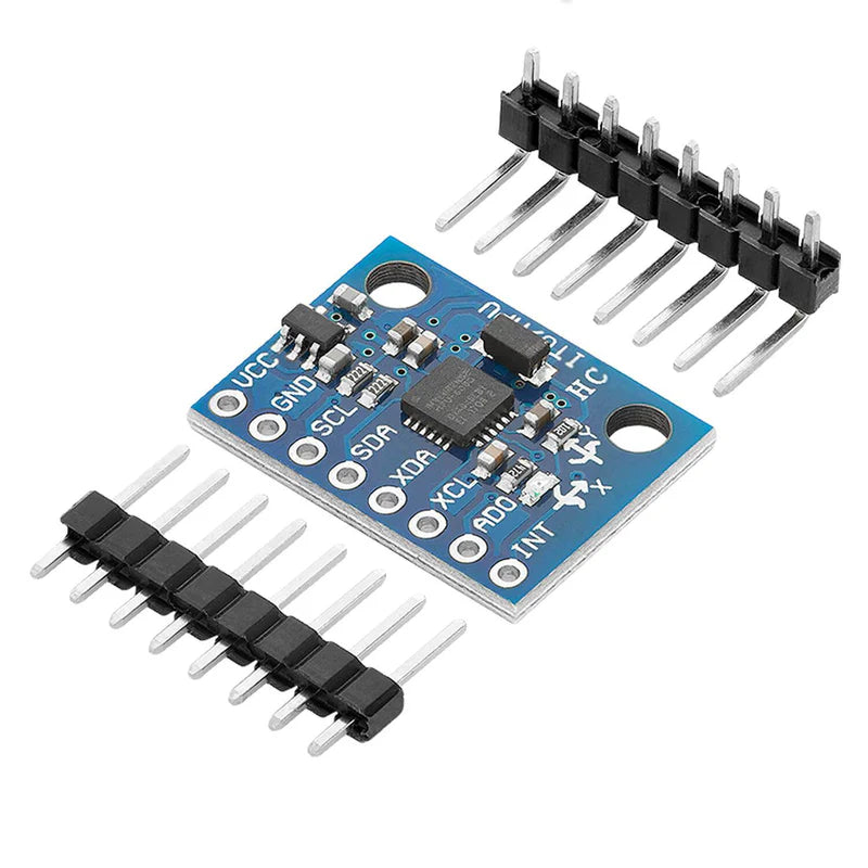 An MPU-6050 module, which is a 3 Axis accelerometer and gyrometer, with a blue PCB and a set of pins visible on one side.