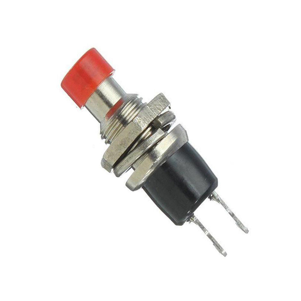 A red momentary push button switch with a metal body and a plastic push top.