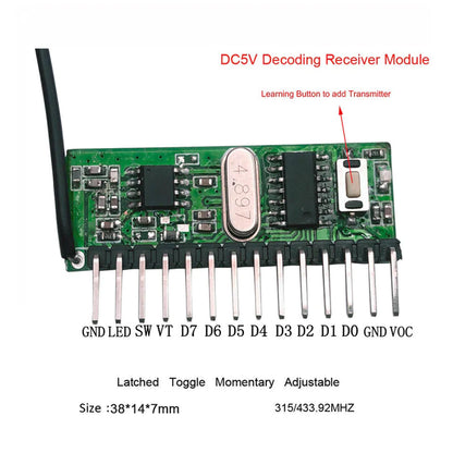 Qiachip 433/315Mhz Wireless Receiver Learning Code 1527 Fixed code 2260 Decoding Module 8 CHNNEL Output Learning Button