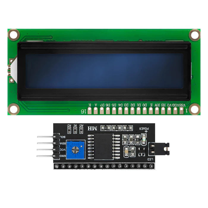 LCD display module with connector on a white background,
1602 (16x2) LCD Display with I2C interface, blue backlight, connected to a green circuit board, typically used in Arduino projects.