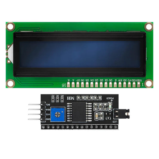 LCD display module with connector on a white background,
1602 (16x2) LCD Display with I2C interface, blue backlight, connected to a green circuit board, typically used in Arduino projects.