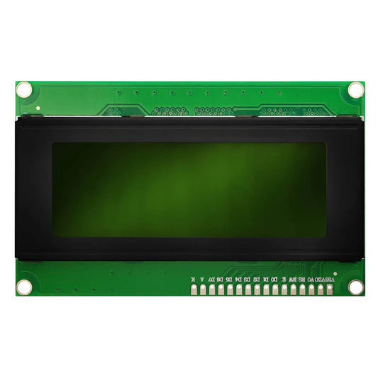 A 20x4 Parallel LCD Display with a yellow backlight, showing a green display screen with black text, mounted on a green circuit board.