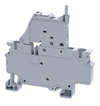 A 4 sq.mm grey spring clamp fuse terminal block, viewed from an angle that shows the top entry point for wires and the mounting rails.