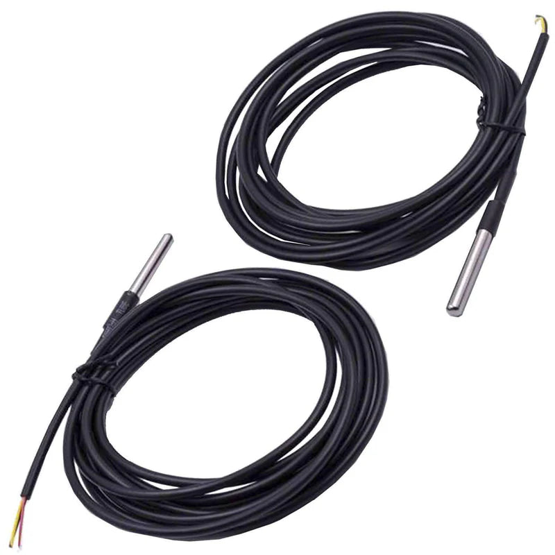 A 1 meter black DS18B20 waterproof temperature sensor probe with a metallic tip and a black cable.