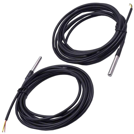 A 1 meter black DS18B20 waterproof temperature sensor probe with a metallic tip and a black cable.