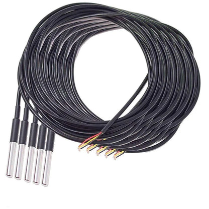A 1 meter black DS18B20 waterproof temperature sensor probe with a metallic tip and a black cable.