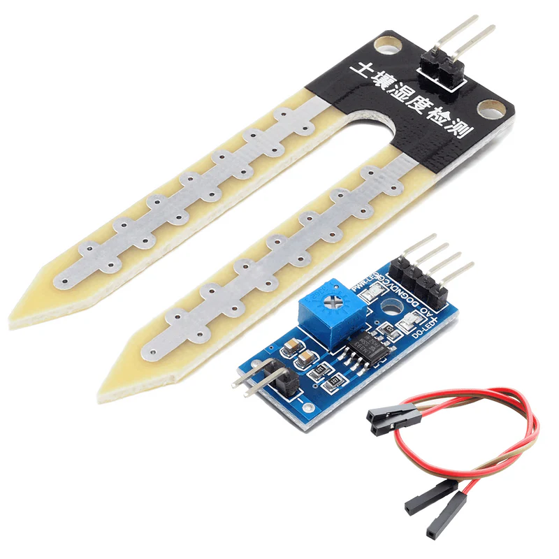 Soil Moisture Sensor Module consisting of a circuit board with VCC, GND, DO, and AO pins, and two probe plates connected by a green wire.