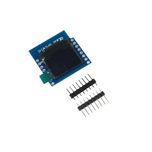 Electronic component with connectors on a white background,0.66 inch OLED display shield for D1 Mini with a blue PCB and a set of pins on one side,0.66 inch OLED Display Shield for D1 Mini – I2C small screen module for Arduino and ESP8266 projects