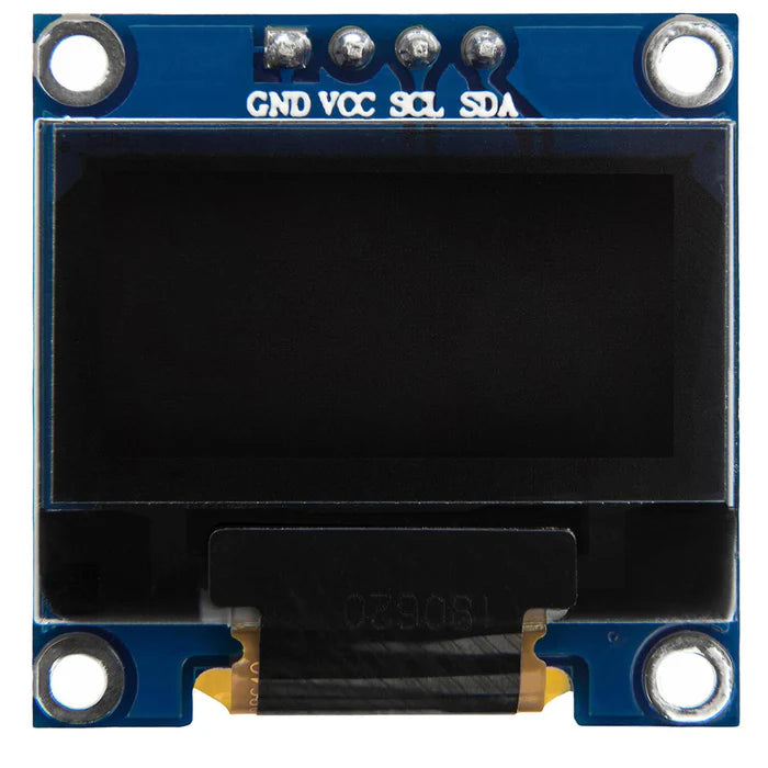 Small OLED display module with connectors on a white background,A 0.96 inch monochrome OLED display module with a regulator, showing the display's surface and the connecting pins.