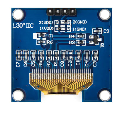 Circuit board with blue and gold components on a white background,1.3 inch Blue OLED Display Module with built-in regulator – I2C SPI screen for Arduino, ESP32, Raspberry Pi
