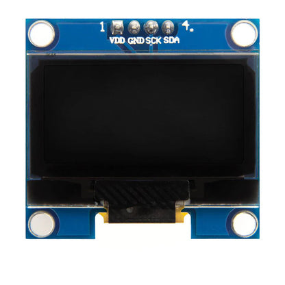 Small display module with connectors on a blue background.1.3 inch Blue OLED Display Module with built-in regulator – I2C SPI screen for Arduino, ESP32, Raspberry Pi