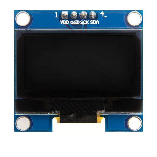 Small display module with connectors on a blue background.1.3 inch Blue OLED Display Module with built-in regulator – I2C SPI screen for Arduino, ESP32, Raspberry Pi