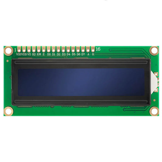16x2 Alphanumeric LCD 1602 module with a blue backlight, black characters on a gray background, mounted on a green circuit board.