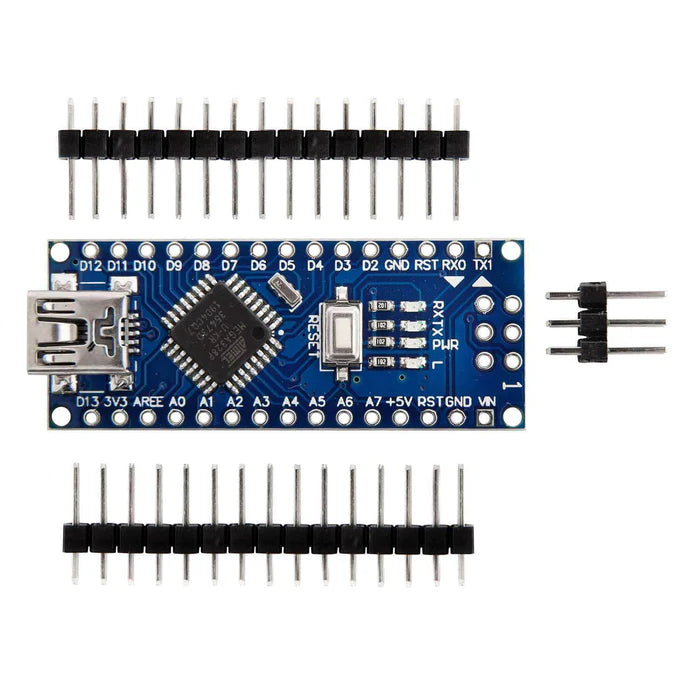 An Arduino Nano R3 Atmega328P microcontroller board with pins unsoldered, displayed alongside a row of pin headers.
