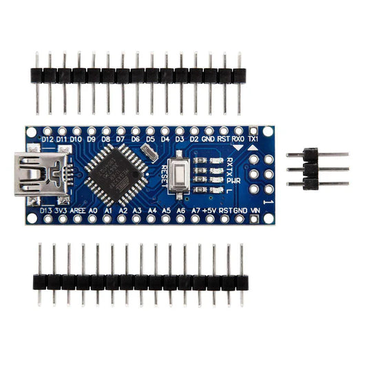 An Arduino Nano R3 Atmega328P microcontroller board with pins unsoldered, displayed alongside a row of pin headers.