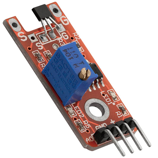 A Hall Effect Sensor Module with a red circuit board, a blue potentiometer, and metallic pins for connection.