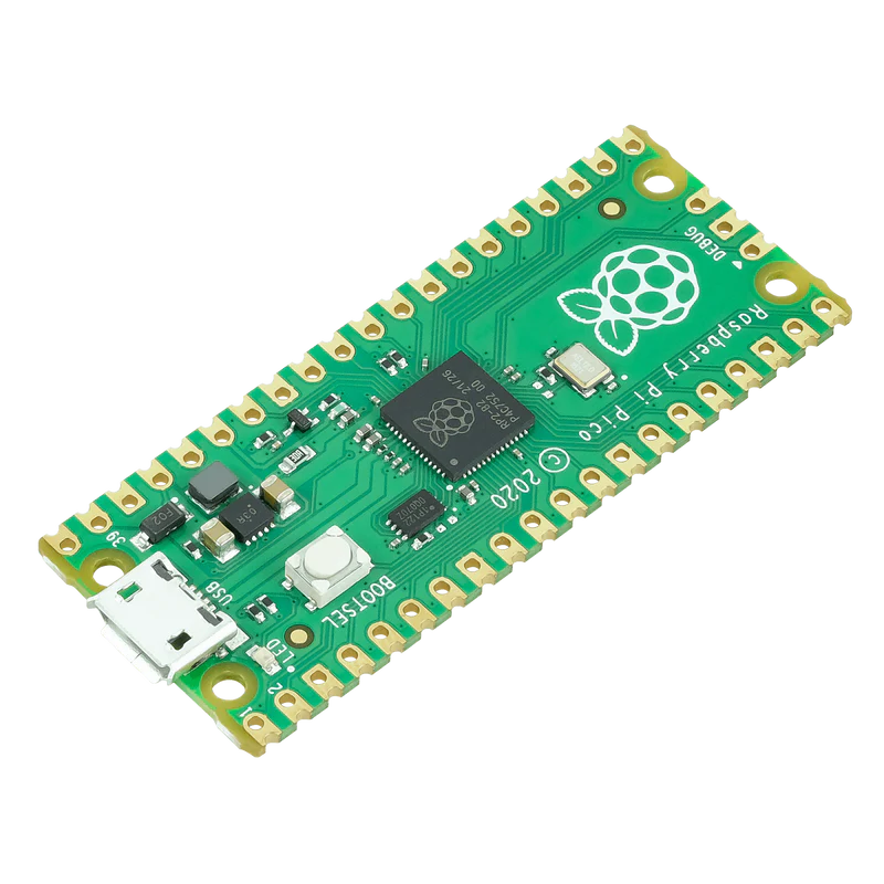Raspberry Pi Pico microcontroller board with a green circuit board and a Raspberry Pi logo in the center.