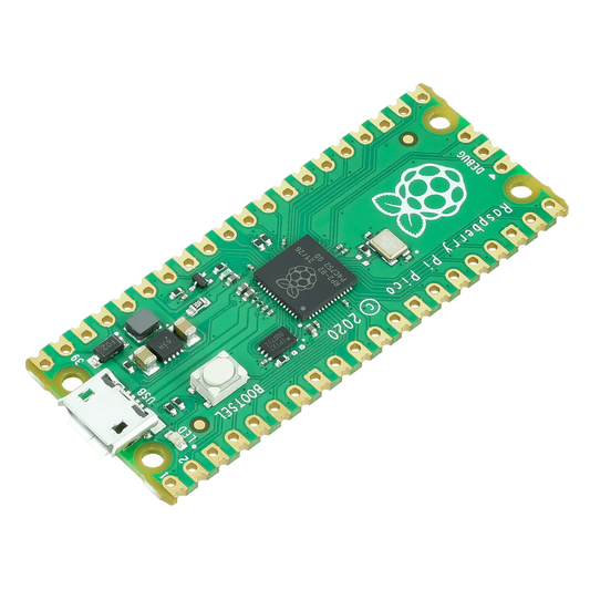 Raspberry Pi Pico microcontroller board with a green circuit board and a Raspberry Pi logo in the center.
