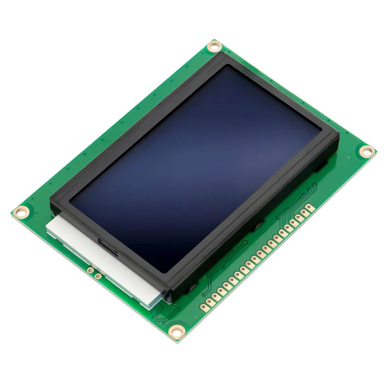 Display module with screen on a green circuit board against a white background,128x64, graphic LCD, green backlight, parallel interface, Arduino, STM32