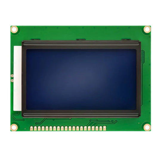 Display screen module,A 128x64 pixel graphical LCD module with a green LED backlight and a Green frame.