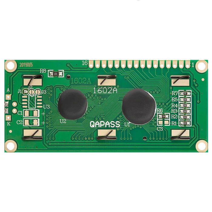 Green circuit board with QAPASS branding, 16x2 Alphanumeric LCD | Alphanumeric LCD  | LCD | LCD Display |  Displays | Soldered | Panel Display | Prototyping | LCD Display Green | Robotics| LCD 1602 | Arrowtech | arrowtechcart | arrowtechcart.com