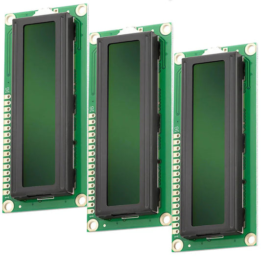 Three green LCD modules,Electronic|Electronic component|Components|16x2 Alphanumeric LCD 1602 (Blue)|Alphanumeric LCD|1602 Alphanumeric LCD|Parallel LCD Display|LCD Display|Display|LCD1602 LCD Display|LCD1602 Parallel LCD Display|16x2 LCD Display|LCD 1602|Arrow|Arrow.com|Arrowtech|ArrowTech.com|Arrowtechcart|Arrowtechcart.com