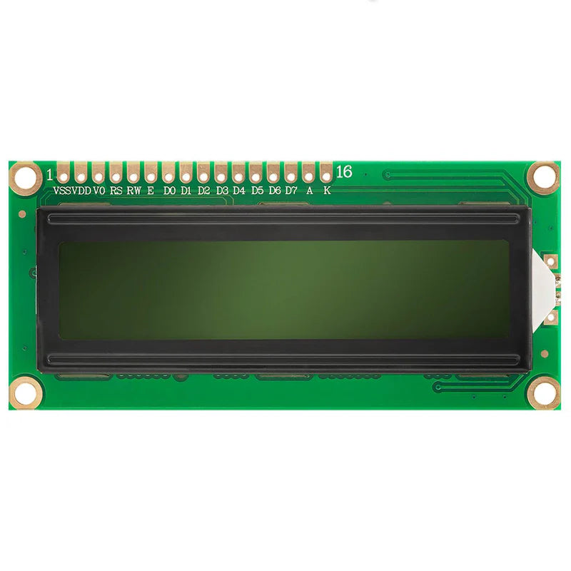 Green LCD display module,16x2 Alphanumeric LCD display with green backlight and wiring visible on the sides.