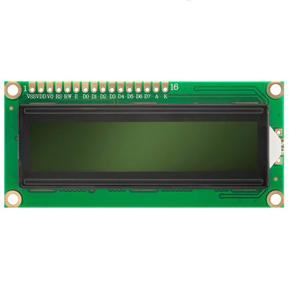 Green LCD display module,16x2 Alphanumeric LCD display with green backlight and wiring visible on the sides.