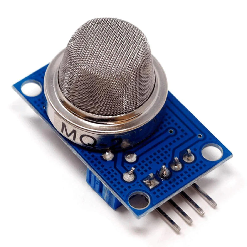 A blue MQ 2 flammable gas and gas sensor detector module with a metallic sensor and digital output pins visible.
