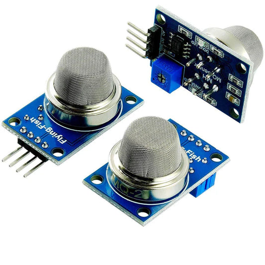 A blue MQ 2 flammable gas and gas sensor detector module with a metallic sensor and digital output pins visible.