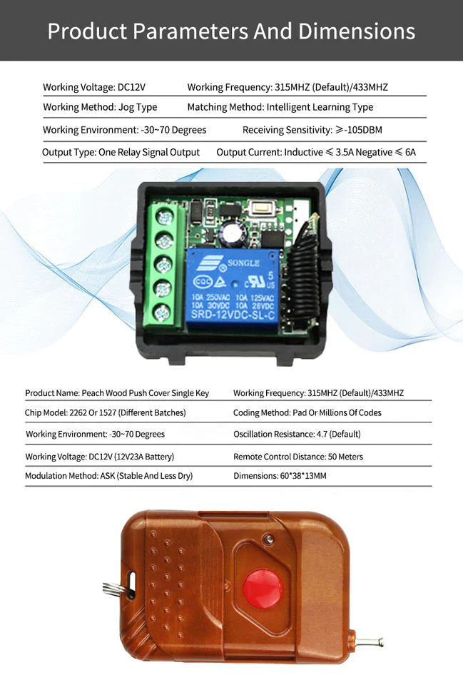 DC 12V 10A 433MHz Single Channel Relay Module RF Wireless Remote Control Switch Receiver and Remote Control Transmitter